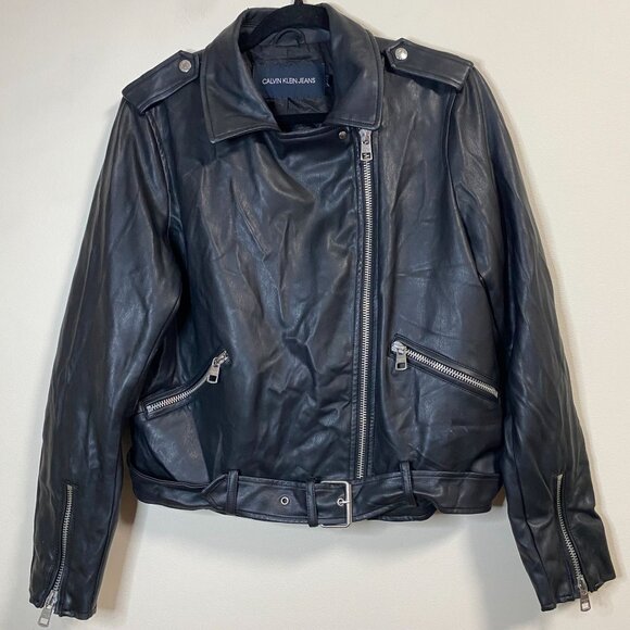 Calvin Klein Jeans Jackets & Blazers - Calvin Klein Jeans Women's Black Faux Leather Jacket Large Moto Style Zip Pocket
